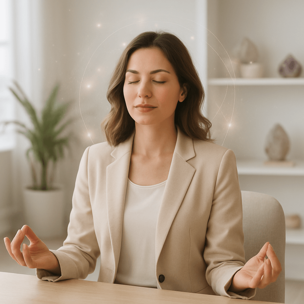 Corporate woman meditating at desk.