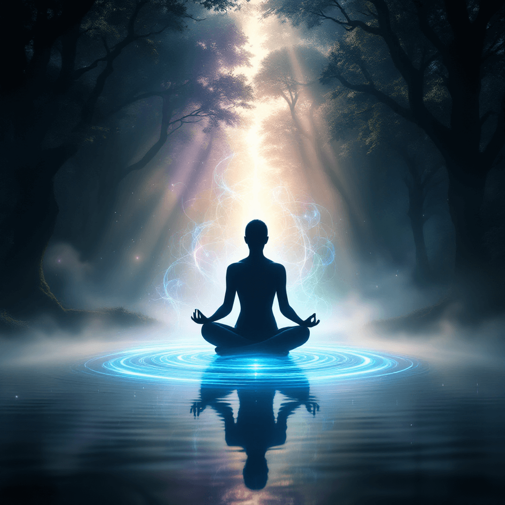 A person meditating in stillness within a quantum healing session.