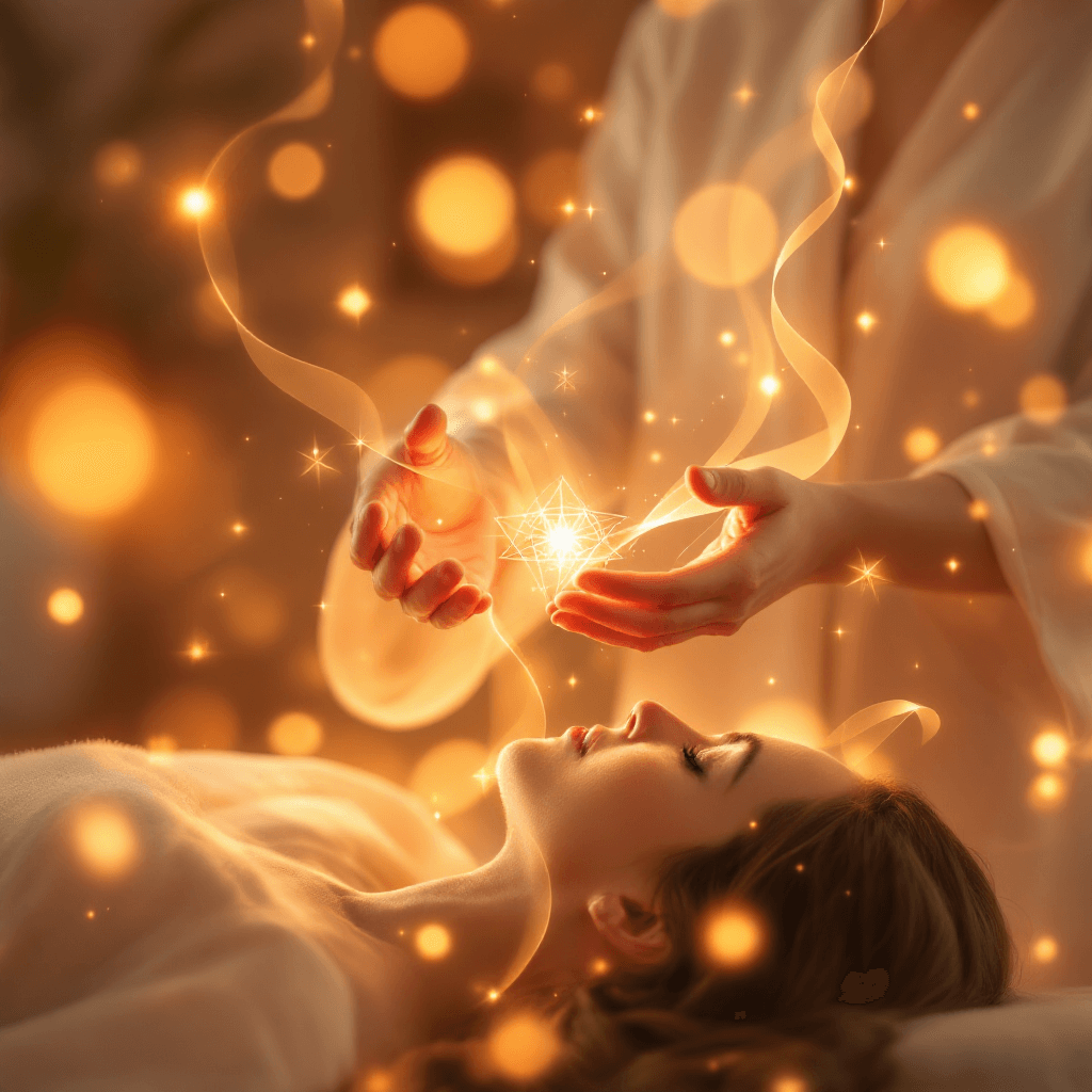 A woman receiving a Reiki massage and experiencing the energetic healing around her.